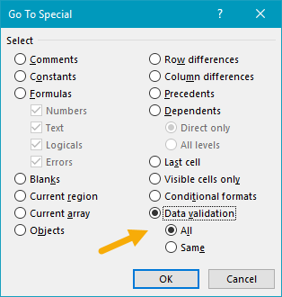 Select data validation with go to special dialog