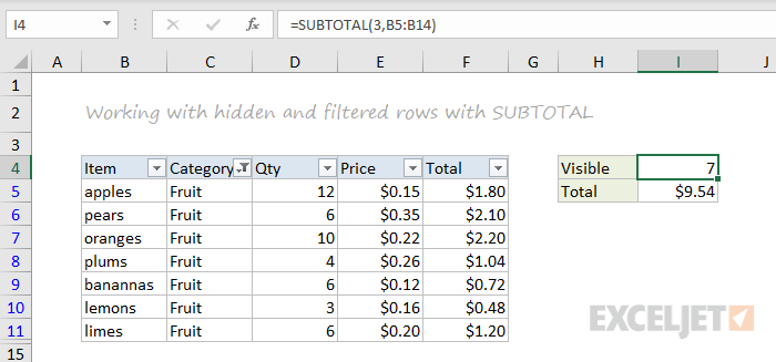 SUBTOTAL function example