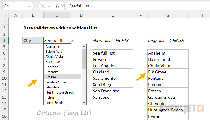 Data validation with optional long list