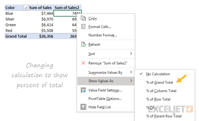 Right-click select Show values as > percent of total