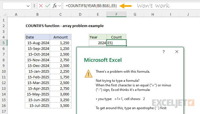 COUNTIFS function example - array problem formula can't be entered