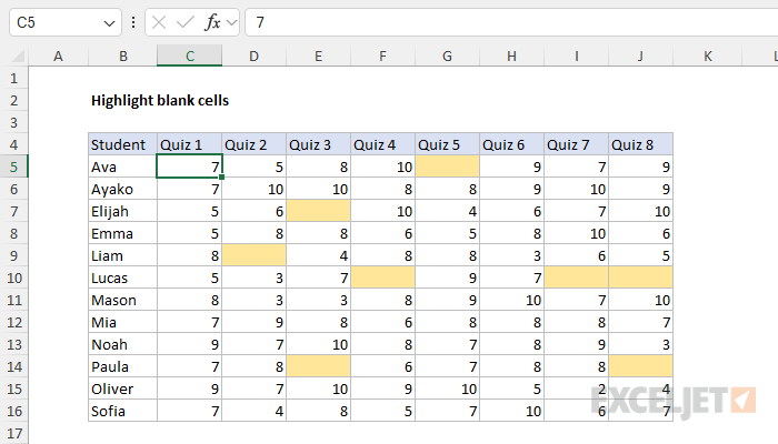 ISBLANK example - conditional formatting to highlight empty cells