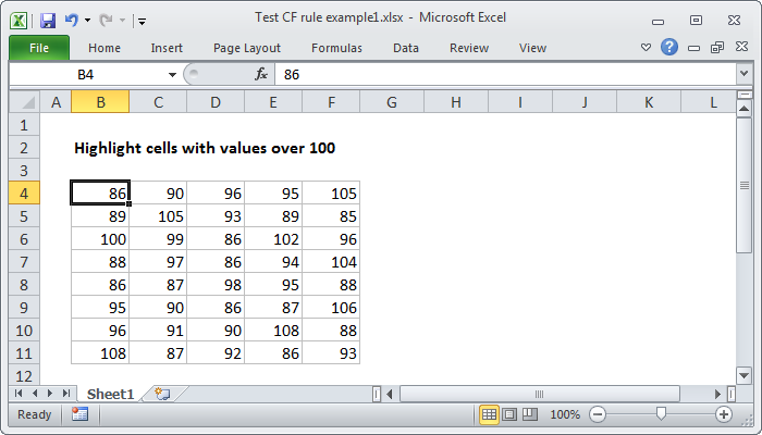 Problem - highlight values over 100 with a conditional formatting rule Problem - highlight values over 100 with a conditional formatting rule