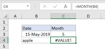 Excel #VALUE! error example with MONTH function Excel #VALUE! error example with MONTH function