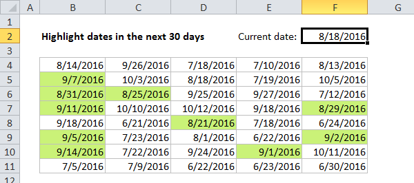 Conditional formatting to highlight dates in the next 30 days Conditional formatting to highlight dates in the next 30 days