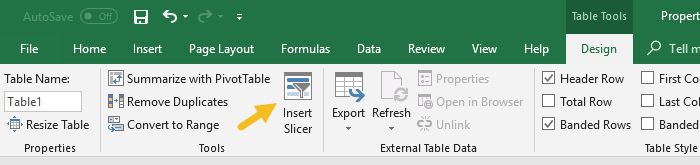 Insert slicer for an Excel Table Insert slicer for an Excel Table