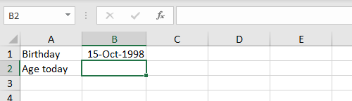 Need a formula to calculate current age in B2 Need a formula to calculate current age in B2