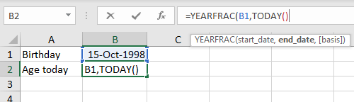B1 for start date, the TODAY function to supply end date B1 for start date, the TODAY function to supply end date