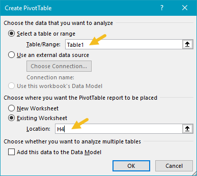 Create Pivot Table window Create Pivot Table window