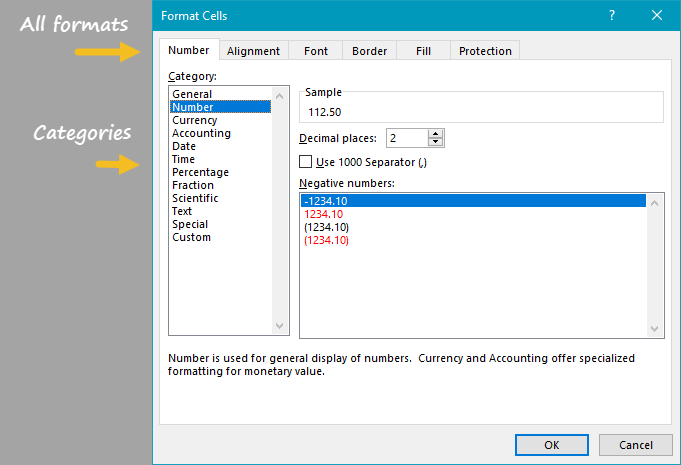 Format Cells dialog box on Number tab Format Cells dialog box on Number tab