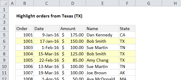 Use a formula to highlight rows where state = "TX" Use a formula to highlight rows where state = "TX"