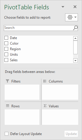 Fields pane for new empty pivot table Fields pane for new empty pivot table