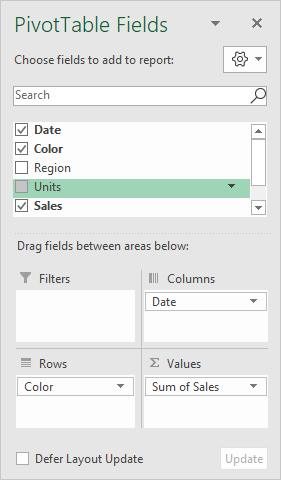 Pivot table fields pane - sales by color and by year Pivot table fields pane - sales by color and by year