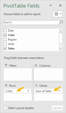 Pivot table fields pane - sales by color Pivot table fields pane - sales by color