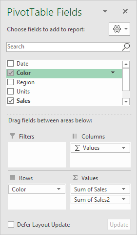 Pivot table fields pane - sales by color with percentage Pivot table fields pane - sales by color with percentage