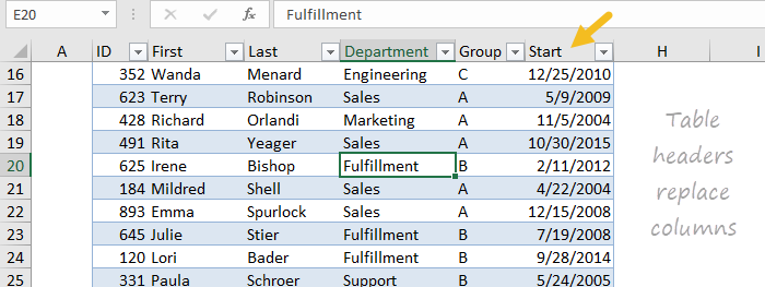 Table headers replace columns in large data sets Table headers replace columns in large data sets