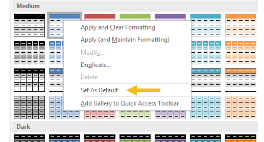 Set a table style as default Set a table style as default