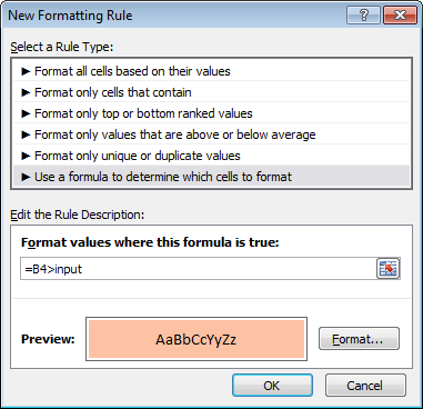 CF formula compares values to named range "input" CF formula compares values to named range "input"