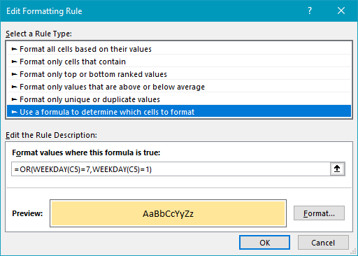 Conditional formatting rule to highlight weekends Conditional formatting rule to highlight weekends