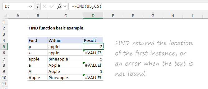 Excel FIND function - basic example Excel FIND function - basic example