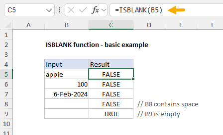 ISBLANK example - test for empty cells in column B ISBLANK example - test for empty cells in column B