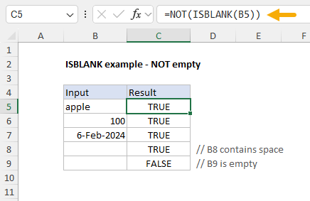 ISBLANK example - test for non-empty cells in column B ISBLANK example - test for non-empty cells in column B