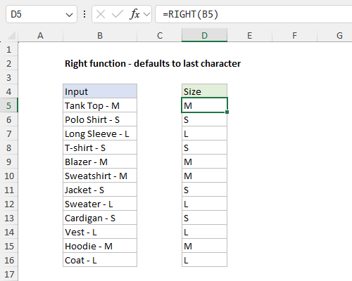 RIGHT function example - extract last character RIGHT function example - extract last character