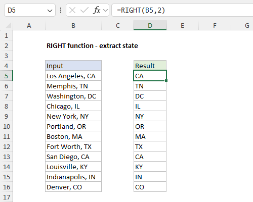 RIGHT function example - extract state abbreviation RIGHT function example - extract state abbreviation
