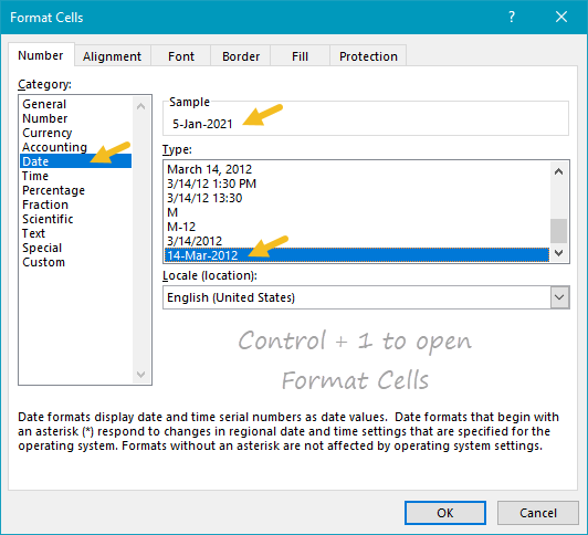 Formatting a date with Format Cells dialog box Formatting a date with Format Cells dialog box