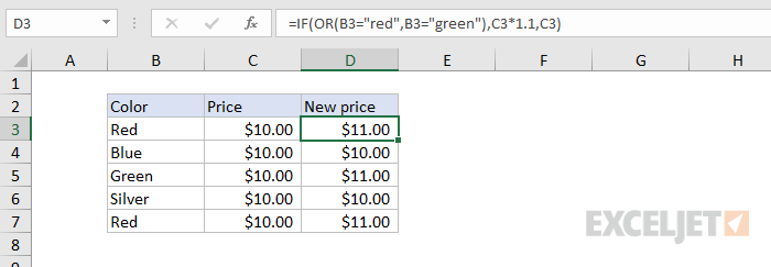 Formula criteria example #2 - increase price if red or green Formula criteria example #2 - increase price if red or green