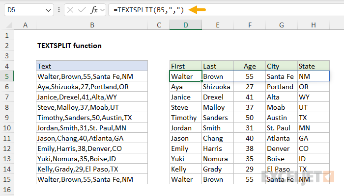 TEXTSPLIT function example TEXTSPLIT function example