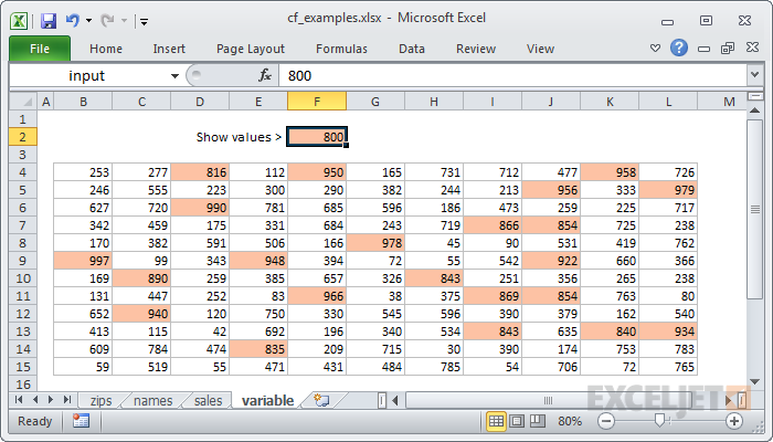 All values greater than the input (800) highlighted All values greater than the input (800) highlighted