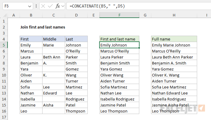 Join first and last names with CONCATENATE function Join first and last names with CONCATENATE function