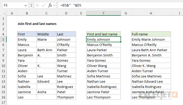 Join first and last names with manual concatenation Join first and last names with manual concatenation