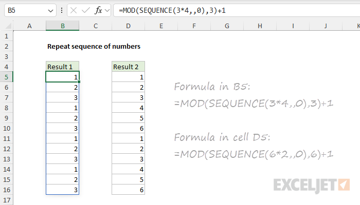 Repeating a sequence of numbers with MOD and SEQUENCE Repeating a sequence of numbers with MOD and SEQUENCE