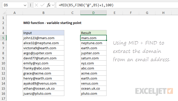 MID function example - extract domain from email address MID function example - extract domain from email address