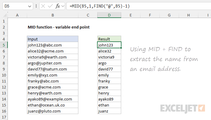 MID function example - extract name from email address MID function example - extract name from email address