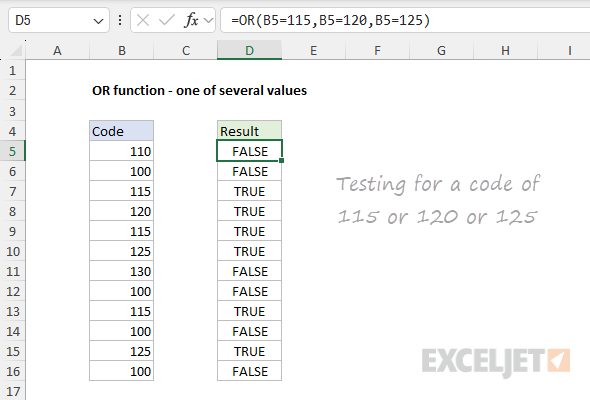 Using the OR function to test for one of several values Using the OR function to test for one of several values