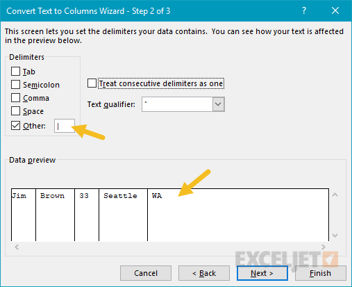 Example of Excel Text to Columns dialog box configuration Example of Excel Text to Columns dialog box configuration